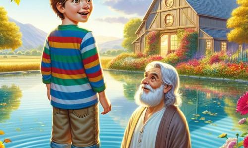 Un băiat de 12 ani, pe nume Andrei, stă pe malul unui lac limpede, cu fața luminată de un zâmbet curios și uimit. Are părul castaniu deschis, ușor răvășit, și poartă o cămașă cu dungi colorate și o pereche de pantaloni scurți din denim. Ochii lui strălucesc de emoție în timp ce își observă reflexia în apă. Lângă el, un bătrân înțelept cu o barbă lungă și albă, de aproximativ 70 de ani, stă pe o piatră plată. Poartă o robă simplă și o pălărie din paie, contemplând liniștit peisajul. Privirea lui este înțeleaptă și binevoitoare, părea că ascultă gândurile lui Andrei. Locul este o grajd frumos plin de flori multicolore care dansează în vânt, înconjurat de copaci mari cu frunze aurii. Cerul este de un albastru strălucitor, presărat cu nori albi pufoși, iar sunetul blând al apei care clipocește adaugă o notă de serenitate atmosferei. În această scenă, Andrei împărtășește cu bătrânul înțelept reflecțiile sale despre viață și căutarea de răspunsuri, în timp ce înțeleptul îi oferă sfaturi prețioase, creând astfel un moment de conexiune profundă între generații.