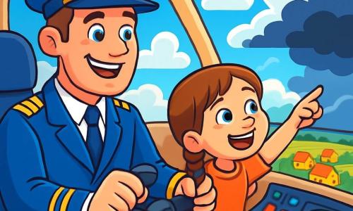 A smiling man, Captain Jack, is sitting in the cockpit of an airplane, wearing a bright blue uniform with golden epaulettes, his eyes sparkling with joy and excitement. He firmly grips the yoke, looking determinedly through the windshield. Beside him is an 8-year-old girl named Mia, with braided brown hair and a big smile, pointing at the clouds in wonder. The cockpit is filled with colorful buttons and shiny instruments, while outside, a bright blue sky is dotted with fluffy white clouds. Below, a landscape of green fields and colorful houses stretches as far as the eye can see. The main scene shows Captain Jack and Mia about to fly over a storm, with dark clouds on the horizon, but the cockpit is bright and welcoming, symbolizing adventure and bravery.