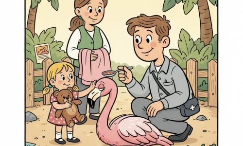 Ein sanft lächelnder Tierarzt mit zerzausten braunen Haaren in grauer Kleidung und einer kleinen Sanitasche über der Schulter hockt und füttert mit einem Löffel leichte Suppe ein verletztes Flamingo, links davor steht ein etwa sechsjähriges blondes Mädchen mit Zöpfen und einem großen braunen Teddybär, das schüchtern den Flamingo streichelt, hinter dem Tierarzt hilft eine etwa 30‑jährige Pflegerin mit zusammengebundenen Haaren und grüner Jacke, die eine rosa Decke hält; die Szene spielt in einem hellen Zoogehege mit sandigem Boden, heller Holzzäunung und tropischen Pflanzen, Morgenlicht mit langen Schatten, warme Pastellfarben (Rosa, Grün, Beige) und dicke schwarze Konturen im retro‑Cartoon‑Stil.