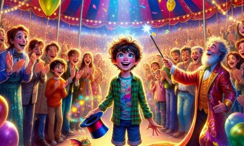 Un niño de 12 años, Miguel, está en el centro del escenario, con ojos brillantes de emoción y una amplia sonrisa en su rostro. Tiene el cabello castaño desordenado, lleva una camiseta colorida y un pantalón corto, y sostiene un sombrero de mago en sus manos, listo para ponérselo. A su lado, el Mago Rubén, un hombre de unos cincuenta años con una larga barba blanca y una capa brillante, hace un gesto teatral con su nueva varita mágica, mostrando una expresión de alegría y gratitud. Al fondo, un pequeño dragón llamado Chispa, con escamas brillantes y ojos traviesos, se divierte lanzando chispas de colores al aire. La escena tiene lugar bajo una gran carpa de circo de colores vivos, con luces brillantes y espectadores maravillados que aplauden y ríen. Globos flotan en el aire y confeti cae suavemente a su alrededor, creando una atmósfera festiva y mágica. La situación principal muestra a Miguel y al Mago Rubén, rodeados de un ambiente alegre, realizando un espectáculo de magia improvisado que capta la atención de todos con trucos de magia y risas, mientras Chispa, el dragón, añade un toque de magia lanzando chispas de colores.