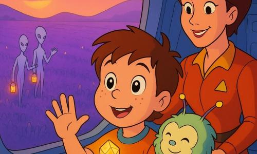 A 6-year-old boy named Fin with a round freckled face, messy brown hair and wide bright eyes presses his forehead to the shuttle bay window holding a small glittering stone; Captain Mira, about 30–40, with short hair and a warm-colored pilot suit, smiles and rests a hand on his shoulder; a small round fluffy creature called Pipi with pale green fringe and blinking antennae purrs on Fin’s shoulder, tail curled around a silver broom handle; outside the open ramp two tall, slender lavender visitors with pearly skin and translucent faces stand in the waving purple field, holding tiny lanterns and offering nuggets in farewell as the shuttle lifts gently under a pink sunset — soft light, pastel tones with deep violet and golden contrasts, a warm, wondrous goodbye.