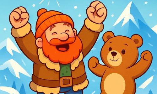 A big-hearted man named Olaf, with a thick red beard and a warm smile, stands atop a snowy mountain. His cheeks are rosy from the effort, and he wears a thick fur jacket and a wool hat. Beside him, Bjorn, a large friendly teddy bear, stands with a determined look and bright eyes, ready to support his friend. The majestic landscape features snow-capped peaks under a clear blue sky with a few fluffy white clouds. The snow sparkles like diamonds in the rising sun, and a gentle breeze makes the snowflakes dance around them. The scene shows Olaf and Bjorn raising their arms in victory, having just discovered the secret of the old wind. They are surrounded by enchanting landscapes, symbolizing hope and joy, ready to bring the sun back to their village.