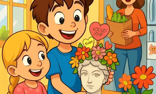 Un ragazzo di 10 anni, Leonardo, con i capelli castani disordinati e gli occhi brillanti di malizia, sorride felicemente tenendo in mano un bel busto decorato con fiori. Indossa una maglietta blu vivace e pantaloni rossi, e il suo viso irradia eccitazione e orgoglio. Accanto a lui, la sua sorellina Chiara, di 6 anni, con lunghi capelli biondi intrecciati e un sorriso splendente, guarda con ammirazione il busto. Indossa un vestito rosa a pois e tiene in mano un pastello colorato, pronta a scrivere. Sullo sfondo, la loro mamma, una donna di una trentina d'anni con capelli castani e un sorriso caloroso, entra nella stanza con le braccia piene di spesa. È sorpresa e curiosa, gli occhi spalancati scoprendo la scena. La scena si svolge in una cucina luminosa e accogliente, con pareti gialle e finestre che lasciano entrare la luce del sole. Fiori colorati sono disposti sul tavolo e disegni di bambini decorano il frigorifero. Leonardo e Chiara stanno preparando una sorpresa per la festa della mamma, con un busto pieno di messaggi d'amore e gratitudine, mentre la loro mamma entra, ignara di tutto.