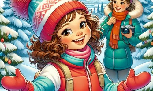 O fetiță de 10 ani, pe nume Mara, stă în centrul imaginii, cu părul castaniu și obrașe roz, radiantă de entuziasm. Ea poartă un costum de schi roșu aprins, mănuși albe și o căciulă cu pompon, zâmbind larg, cu ochii strălucind de bucurie, pregătindu-se să coboare o mică pante acoperită de zăpadă. Lângă ea, mama ei, o femeie de aproximativ 35 de ani, cu părul castaniu prins în coc, o încurajează cu un zâmbet cald, îmbrăcată într-o geacă albastră și o eșarfă colorată. Puțin mai departe, tatăl ei, un bărbat de aproximativ 40 de ani, cu barbă scurtă și ochelari, se pregătește să facă o fotografie, ținând un aparat foto, îmbrăcat într-o jachetă verde și o căciulă neagră. Peisajul este unul de iarnă magnific, cu brazi majestuoși acoperiți de zăpadă strălucitoare, un cer albastru deschis presărat cu nori albi și fulgi de zăpadă căzând ușor în jurul lor. Situația principală o arată pe Mara pregătită să alunece pe zăpadă, plină de entuziasm, în timp ce familia ei o încurajează, surprinzând magia și bucuria unei zile perfecte de iarnă.