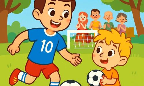 A young man named Max, smiling and enthusiastic, is wearing a bright blue jersey with the number 10. He has brown hair and sparkling eyes, dribbling a soccer ball on a green field. Next to him is a small boy named Timmy, about 6 years old, with big curious eyes and messy blonde hair, holding a small toy soccer ball, looking at Max with admiration. The scene takes place on a large soccer field surrounded by greenery, with majestic trees and a bright blue sky. Cheerful spectators are sitting on benches, applauding and smiling. The main action shows Max passing the ball to Timmy, who is ready to receive it with a big smile, illustrating the spirit of teamwork and the joy of the game.