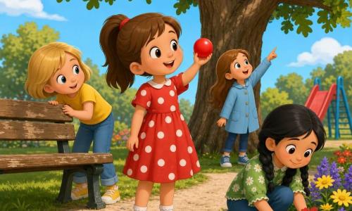 Cuatro niñas de 6 años: Eva (pelo castaño en coleta, vestido rojo de lunares, con una pequeña pelota roja en la mano derecha, en el centro frente a un gran roble); Ana (pelo rubio corto, camiseta amarilla y vaqueros, mirando detrás de un banco de madera a la izquierda de Eva); Zoe (pelo negro trenzado, blusa verde con flores, agachada buscando entre flores coloridas a la derecha de Eva); Mia (pelo castaño largo, abrigo azul claro, señalando una pelota roja atrapada en las ramas, junto al árbol al fondo). Lugar: parque soleado con césped, camino de grava, gran roble de ramas gruesas y hojas verdes, banco de madera gastado a la izquierda, pequeño tobogán rojo al fondo y parterres de flores rojas, amarillas y violetas. Situación: cuatro pequeñas detectives alegres recuperan una pelota roja atrapada en las ramas; expresiones curiosas y sonrientes; colores vivos, sombras suaves, proporciones infantiles; estilo 3D cartoon con cel-shading y luz suave de tarde, ambiente cálido y lúdico.