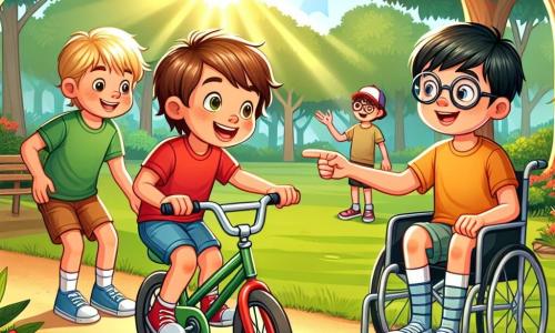 Em um parque ensolarado, um menino de 8 anos chamado Léo, com cabelos castanhos bagunçados e um sorriso radiante, está aprendendo a andar de bicicleta. Ele usa uma camiseta vermelha e um short azul, concentrado em seu equilíbrio. Ao lado dele, seu amigo Tom, um garoto de 9 anos com cabelos loiros e óculos redondos, o incentiva com um grande sorriso, vestindo uma camiseta verde e calças curtas. Um pouco mais longe, outro menino, Lucas, de 7 anos, com cabelos negros e óculos de sol, está sentado em uma cadeira de rodas, aplaudindo alegremente, usando uma camiseta amarela e um short laranja. O parque é cheio de verde, com árvores majestosas e flores coloridas que dançam ao vento. Ao fundo, há um caminho de cascalho que serpenteia entre as árvores, e crianças brincam de frisbee nas proximidades. A cena principal mostra Léo, um pouco hesitante, em sua bicicleta, enquanto Tom o incentiva com entusiasmo e Lucas aplaude, criando uma atmosfera de camaradagem e alegria.