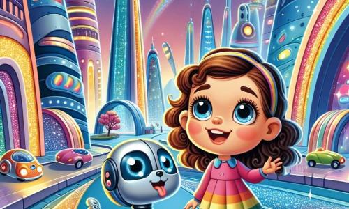 A 6-year-old girl named Lila, with big bright eyes and curly brown hair, stands in the center of a futuristic street. She has a delighted smile and rosy cheeks, looking around with an expression of joy and curiosity. Next to her, a friendly robot dog with a silver metal body and glowing eyes wags its tail, floating slightly above the ground. In the background, buildings with strange, colorful shapes rise into the sky, their shimmering facades reflecting rainbow lights. Flying cars pass overhead, leaving trails of glitter in the air. The ground is a smooth, shiny path that seems to vibrate under Lila's feet. The main scene shows Lila exploring the city of Sparkletron, amazed by the incredible inventions around her, while the robot dog joyfully accompanies her, ready to assist in her adventure.