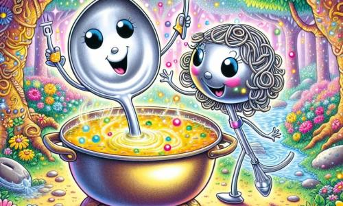 Der Hauptcharakter, Löffelino, ist ein kleiner, glänzender Küchenwolf mit einem lächelnden Gesicht und funkelnden, neugierigen Augen. Er steht am Rand eines großen Topfes mit goldener Suppe, voller Staunen, mit einem Löffel in der Hand, bereit, die köstliche Mischung zu probieren. Neben ihm springt Gabeline, eine silberne Gabel mit runden Augen und einem fröhlichen Lächeln, vor Freude. Sie hat spaghettiartige Haare, die um sie herumtanzen, und schaut Löffelino begeistert an, um ihn zu ermutigen, in die Suppe zu tauchen. Der Ort ist ein verzauberter Obstgarten, gefüllt mit bunten Blumen, die sanft im Wind singen. Verdreht gewachsene Bäume mit funkelnden Blättern umgeben den Suppentopf, während ein singender Bach in der Nähe fließt und der Umgebung einen Hauch von Magie verleiht. Die Hauptsituation zeigt Löffelino und Gabeline, die die berühmte goldene Suppe entdecken, umgeben von sprudelnden Blasen und lebhaften Farben, was ihre Freude und ihr Staunen über dieses fantastische Abenteuer verdeutlicht.