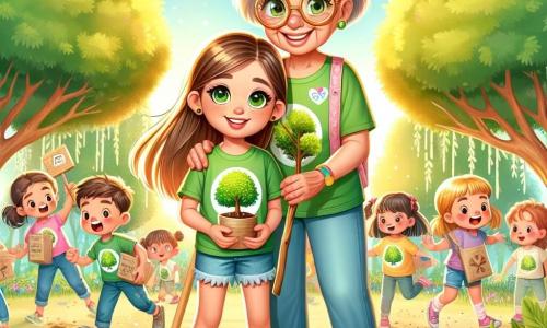 Uma menina de 10 anos, chamada Maria, com cabelos longos e castanhos e olhos cheios de curiosidade, está no centro da imagem, sorridente e cheia de energia. Ela usa uma camiseta verde com um desenho de árvore e um short de jeans, segurando um pequeno painel de madeira com a inscrição 