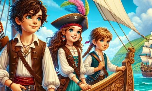 Mira, młoda piratka z długimi kręconymi włosami i odważnym uśmiechem, dumnie stoi na pokładzie swojego statku "Złoty Dzwon". Ma na sobie kapelusz piracki ozdobiony kolorowym piórem, białą koszulę z bufkami i skórzaną kamizelkę. Jej spojrzenie pełne determinacji pokazuje, że jest gotowa stawić czoła każdemu wyzwaniu. Obok niej Eliasz, chłopiec około 12 lat z rozczochranymi brązowymi włosami i błyszczącymi oczami, dostosowuje swój łuk, gotowy bronić przyjaciółki. Stoi nieco z tyłu, obserwując horyzont z skoncentrowanym wyrazem twarzy. Lila, 11-letnia dziewczynka z warkoczami, stoi za sterem, jej twarz oświetlona słońcem. Uśmiecha się pewnie, prowadząc statek przez fale. Tło to błyszczące turkusowe morze pod jasnoniebieskim niebem, z zielonymi wyspami na horyzoncie. Statek z rzeźbionego drewna ozdobiony jest białymi żaglami, które powiewają na wietrze. Główna sytuacja pokazuje Mirę i jej załogę w trakcie przygody, gotowych zbadać tajemniczą wyspę w poszukiwaniu legendarnej mapy skarbów, z falami uderzającymi w kadłub statku i mewami latającymi nad nimi.