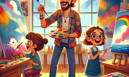 Um homem, Miguel, é um artista apaixonado com cabelos castanhos bagunçados e uma barba leve. Ele usa uma camisa colorida, manchada de tinta, e tem um grande sorriso no rosto, mostrando sua alegria e entusiasmo enquanto pinta uma tela gigante diante de um grupo de crianças. Clara, uma menina de 8 anos com cabelos cacheados e olhos brilhantes, está ao seu lado, segurando um pincel em uma mão e uma paleta de cores vivas na outra, pintando um céu azul. João, um menino de 7 anos com óculos e um boné virado, está um pouco afastado, rindo e imitando os gestos de Miguel com um pincel na boca, criando uma atmosfera alegre. O local é um estúdio de arte iluminado, cheio de telas coloridas penduradas nas paredes, potes de tinta espalhados sobre mesas de madeira, e raios de sol filtrando através de grandes janelas, iluminando o espaço criativo. A cena principal mostra Miguel e as crianças em plena sessão de pintura, cada um expressando sua criatividade com respingos de cores vivas, enquanto Miguel os incentiva com entusiasmo, criando um ambiente de camaradagem e alegria artística.