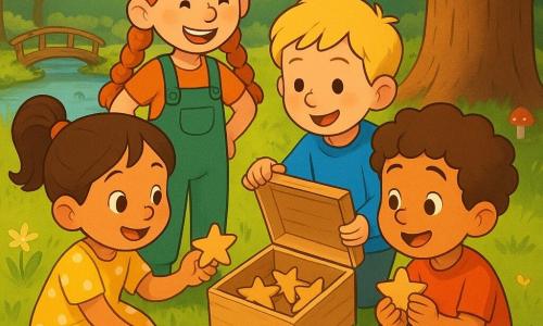 Vier kinderen van 4 jaar: Noor, bruin haar in staart, geel jurk met witte stippen, knielt links van een open houten doos en reikt een klein houten sterretje aan; Sam, blond kort haar, blauwe trui, een beetje vuile knieën, staat rechts, lacht en houdt het deksel; Lotte, rood gevlochten haar, groene tuinbroek, staat achter Noor met handen in de zij en lacht; Finn, kastanjebruin krullend haar, rood T-shirt, hurkt voor de doos en houdt een houten ster bij zijn hart; ze staan in een zonnige open plek aan de voet van een grote eik, mos en hoog gras onder de voeten, op de achtergrond een krakend houten bruggetje en een heldere vijver; de kinderen hebben net een gladde houten doos geopend waarin vier lichtjes glanzende houten sterretjes liggen, ze delen de sterren, kijken elkaar veelbetekenend aan, warme zonnestralen tussen de bladeren, levendige kleuren en een tedere, veilige sfeer, compositie gericht op de doos en hun gezichten.
