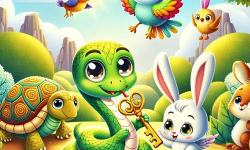 A little snake named Sammy, with shiny green scales and sparkling eyes, stands in the center of a sunny clearing, holding a golden key in his tiny mouth. Next to him, an adorable little bunny named Benny, with white fur and long ears, hops joyfully, while a charming little bird named Bella, with colorful feathers, flies around them, singing happily. In the background, a wise turtle, Tilly, with a beautifully patterned shell, watches them with a kind smile. The clearing is surrounded by majestic trees with lush green leaves, and colorful flowers dot the ground, creating a magical atmosphere. Sammy, full of excitement, shows the key to his friends as they prepare to discover the mysterious treasure it might unlock.