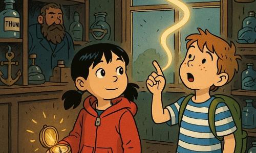 Two main characters: Mira, 7, with black pigtails, bright hazel eyes, a red hooded jacket and muddy boots, holding a small brass compass that glows golden and looking up slightly left of the boy; and Tom, 7, with tousled light brown hair, freckles, a blue-and-white striped T‑shirt and green backpack, standing to Mira’s right with chin raised, amazed, pointing at a beam of light. Setting: a seaside‑charm antique shop with dark wooden shelves of jars and lanterns, worn plank floor and a dusty shop window through which warm light enters; behind the children a counter with an old bearded man blurred in the background. Scene: the compass projects a thin silver‑gold spiral of light up through the window, vivid colors (red, blue, green), strong light‑and‑shadow contrast, crisp lines and expressive object details, atmosphere of adventure and discovery.