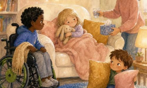 There are four characters: Milo, a 3-year-old boy with short brown hair and a mischievous smile, sitting on a blue rug in front of the sofa holding two cushions for a 