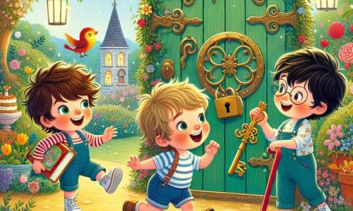 In a magical garden, three little boys are playing together. Tim, a 7-year-old with messy brown hair and a bright smile, stands on the left, holding a large storybook. Sam, a 6-year-old with blonde hair and sparkling eyes, is in the center, joyfully jumping with a small bird on his shoulder. Ben, an 8-year-old with black hair and round glasses, is on the right, enthusiastically using his red walker to move towards a wooden door. The enchanting garden is filled with colorful flowers dancing in the wind, with twinkling lights hanging from tree branches. In the center, a large ancient wooden door is surrounded by flowering vines, and birds are joyfully singing in the trees. The main scene shows the boys discovering the golden key they found, ready to unlock the magical door of the garden, with expressions of curiosity and excitement on their faces.