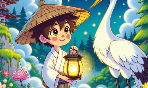 Haru, an eight-year-old boy, wears a large bamboo hat that partially hides his bright, curious eyes. His face is lit up by a determined smile, and he holds a small colorful lantern that shines brightly. Next to him is the Crane Guardian, a majestic white crane with wise eyes, gracefully standing with its wings slightly spread, as if ready to take flight. The setting is atop the Misty Mountains, where fluffy clouds float around majestic trees, and a garden of lush moss surrounds the lantern. Vibrant flowers in shades of pink and yellow bloom around them, creating a magical and serene atmosphere. The scene shows Haru, dazzled by the lantern's light, while the crane watches over him kindly. Together, they celebrate the return of harmony in the garden, illuminated by the lantern's bright colors.