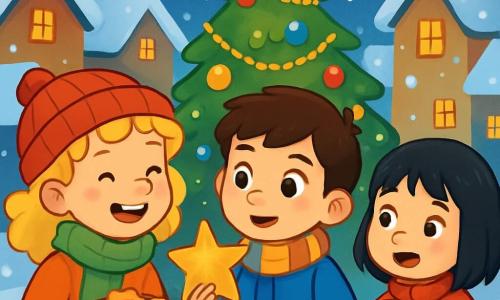There are three characters: Nora, an 8-year-old girl with curly blonde hair, wearing a red hat and a green scarf, joyfully smiling while holding a basket full of cookies; Theo, a 9-year-old boy with brown hair and chocolate eyes, wearing a blue coat and a striped scarf, looking curiously while holding a paper star; and Lin, a 7-year-old girl with straight black hair, wearing a bright red coat, standing next to Nora with a small lantern that glows softly. The scene takes place in a snowy village, where houses are covered in a thick layer of sparkling snow. The window lights shine like stars, and a large Christmas tree, decorated with colorful garlands and sparkling ornaments, stands in the center of the square. Snowflakes gently fall from the sky, creating a magical atmosphere. The main situation shows the three children gathered around the tree, exchanging paper stars and cookies, laughing and sharing stories, illuminated by the warm light of Lin's lantern, while snow continues to fall around them, adding to the magic of the scene.