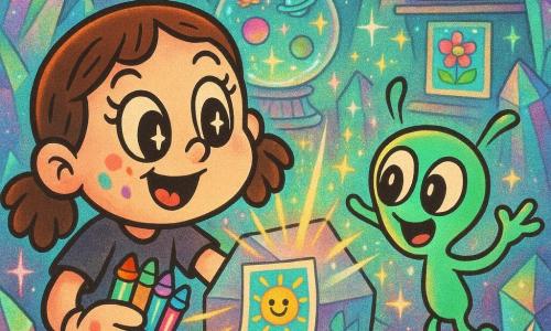 10-year-old girl with a round face and colored stains on her fingers, smiling and amazed with big bright eyes and chestnut pigtails, holding multicolored markers and pasting a drawing onto a crystal; a balloon-sized fluorescent green alien with large round eyes and knobby arms, joyful and hopeful, sprinkles sparkling dust on the drawings. No other humans. Setting: a sparkling cave with prism-crystal walls and rainbow reflections, shelves of glowing drawings and a central crystal globe projecting small floating planets. Main scene: the girl and alien restore color to a dull crystal by pasting colorful drawings as light bursts and glittery dust erupt, creating a magical, collaborative mood. Palette: vivid colors, neon pastels, iridescent highlights, soft shadows. Composition: mid shot, girl foreground left, creature right slightly back, crystal globe centered in the background with light rays toward the viewer. Graphic style: smooth rubber-hose curves, sleek textures, exaggerated expressions and dynamic gestures.