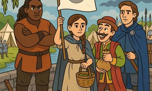 The scene shows a determined calm young woman (about 16) with braided brown hair in a simple beige tunic and gray cloak carrying a healer’s basket at her hip and holding high a large white banner stitched with a gray circle at the center; beside her walks an admiring teenage merchant (about 18) with a nervous wide smile and a ridiculous mustache in colorful clothes carrying a bag, slightly behind to her right; behind the banner to the left stands a rugged middle‑aged clan leader (about 40) with braided hair, arms crossed and an axe on the ground, looking wary, while to the right faces him a thin tense lord in a blue coat (about 35) wearing a silver eagle brooch with soldiers and tents behind him; the setting is an old three‑arch stone bridge over a slow river with worn cobbles, green moss, willow foliage and a dramatic cloudy sky, tents on the opposite bank; the moment is tense but hopeful—the woman holds the white banner between the two camps, an arrow removed from the fabric, both leaders restrain their anger and soldiers lower their weapons, centered composition, contrasting colors and readable heroic postures.