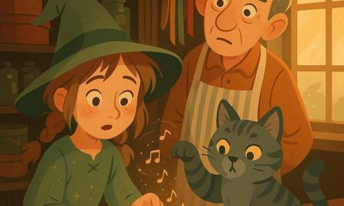 The main witch is a young woman with light chestnut hair in messy braids, wearing a sage-green dress dusted with stardust, looking curious and slightly surprised as she gently touches a small black glass button with a trapped star inside; Juniper the cat is a stocky gray-blue tabby with mischievous amber eyes on the wooden counter, paw raised toward the button; Mr. Boggle is a thin sixty-year-old man with thick caterpillar-like eyebrows and a striped apron, standing behind the counter, tilting his head cautiously; the scene is a small antique shop of dark wooden shelves, glass jars and stacked sewing boxes, warm light through a dusty window, multicolored buttons on the counter, and an open silver box with a shining silver thread and a mint-scented thimble beside it while invisible musical notes ripple around them like glittering lines.