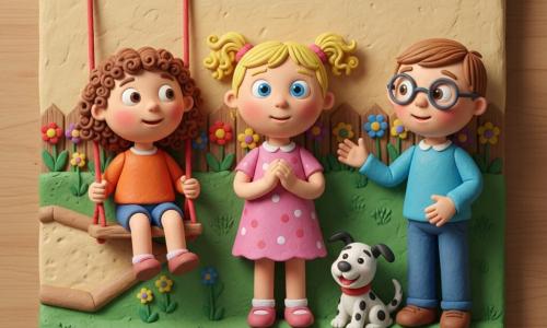 A 4-year-old girl, Lucy, round face and bright blue eyes, blond curly locks, looking relieved and shy with hands clasped, stands near a wooden swing; to her left sits 4-year-old Mia, brown curly hair and rosy cheeks, smiling understandingly as she gently swings her legs; to her right stands 4-year-old Ben, short chestnut hair and round glasses, offering a reassuring raised hand; a small white spotted dog named Max sits nearby on the grass; sunny small playground with green lawn, beige sandbox, red-rope swing and colorful flowers by a painted wooden fence; scene of Lucy confessing the truth — warm, calm, expressive faces and sincere gestures, rendered as a clay bas-relief with visible finger textures and vivid colors.