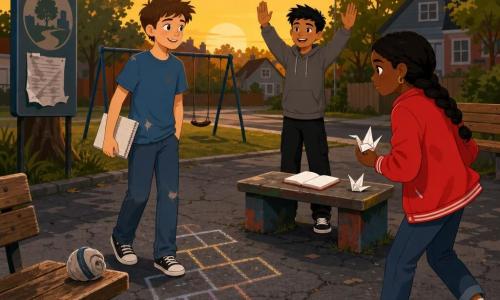 Three children in a small neighborhood park at dusk: Mason, 12, fair skin, short brown hair, worn blue T‑shirt and jeans, center left smiling and holding a folded notebook in his right hand; Jayden, 12, olive skin, short black hair, gray hoodie, center right with arms raised as if calling “Green light / Red light,” an open notebook on a low table at his feet; Nia, 11, dark skin, single braid, slightly small red light jacket, foreground right stopping awkwardly while holding a small white paper crane. The asphalt ground shows cracks and colorful chalk hopscotch, peeling wooden benches and swings in the background, a municipal sign with a crumpled flyer, a rolled sock used as an improvised ball near a bench; simple style, flat contrasting colors, clear shapes and warm, kind expressions.