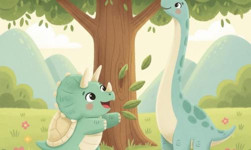 A chubby triceratops named Tilly in pastel colors (mint-green skin, cream frill) looks joyful with big shiny eyes and a wide smile, its three rounded horns pointing up as it reaches for low leaves; beside and slightly behind it a gentle diplodocus called Dippy, pale blue with washed spots, stretches its long neck for high leaves. They share broad green leaves with bits drifting between them in a sunny valley of soft thick grass, simple pink and yellow flowers, a large textured brown-trunk tree and rounded mountains in the background. Bright, calm, friendly scene centered on the gesture of sharing, gouache style with soft edges, opaque colors and visible textures, warm and baby-friendly.
