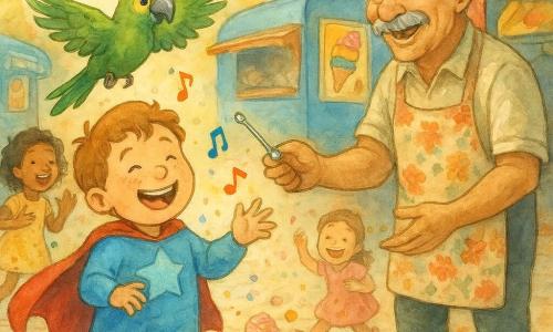 Um menino chamado Zeca, rosto redondo e sardas, veste uma fantasia de super‑herói azul‑claro grande demais, ri, estala os dedos e faz surgir pequenas notas coloridas; um papagaio verde chamado Tico (macho) voa sobre seu ombro com asas abertas segurando uma pequena antena prateada no bico; o Sr. Joaquim, homem idoso de ~60 anos com bigode grisalho e avental florido, junto a um food‑truck vermelho, estende a mão para entregar a antena com sorriso caloroso; convidados de todas as idades riem e escorregam em cupcakes coloridos que rolam pelo chão, entre confetes e toalhas de bolinhas; a cena passa numa praça da cidade ao fim da tarde com food‑trucks coloridos, luzes, paralelepípedos brilhantes e barracas de pizza e gelado arco‑íris; cena principal: Zeca recebe a antena do Sr. Joaquim com Tico suspenso no ar, todos rindo — ambiente alegre, movimento, cores vivas e respingos aquarelados controlados que enfatizam a ação.
