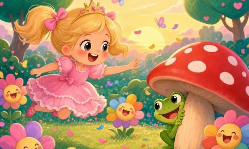 Menina princesa de cerca de 6 anos, sorridente, cabelos loiros em duas maria‑chiquinhas, vestido rosa com folhos, pulando e estendendo a mão para um grande cogumelo vermelho; sem príncipe; personagem secundário: pequeno sapo macho verde vivo, olhos grandes e sorriso travesso, escondido atrás do cogumelo a olhar para a princesa; flores coloridas com rostos risonhos e pétalas multicoloridas lançando confetes; jardim mágico luminoso com relva verde texturada, árvores de folhas em forma de coração e borboletas em tons pasteis; cena de esconde‑esconde alegre ao pôr do sol, atmosfera divertida, cores saturadas, contornos suaves, composição simples e clara, estilo kawaii minimal, formas grandes e arredondadas, luz quente.