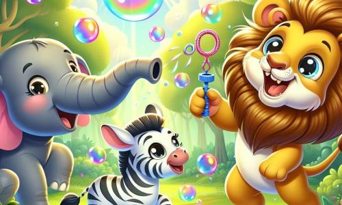 Um leão alegre chamado Léo, com uma juba dourada brilhante e olhos cintilantes de travessura, sopra bolhas de sabão com um grande sorriso no rosto. Ao seu lado, uma zebra listrada, Zazá, com olhos redondos e curiosos, se diverte criando bolhas usando uma cana-de-açúcar, rindo de felicidade. Um elefante, Eli, com pele cinza e grandes orelhas, usa sua tromba para fazer bolhas gigantes, mantendo-se um pouco afastado, mas pronto para participar da festa. A cena se passa em uma floresta encantada, onde as árvores são altas e verdes, e o sol brilha através das folhas, criando reflexos de luz nas bolhas coloridas que flutuam no ar. Os animais estão cercados por flores multicoloridas e gramíneas verdes, adicionando um toque de magia ao ambiente. A situação principal mostra Léo, Zazá e Eli em uma competição alegre, cada um soprando bolhas de sabão que sobem ao céu, enquanto outros animais os observam com espanto e risadas, preenchendo o ar de alegria e camaradagem.