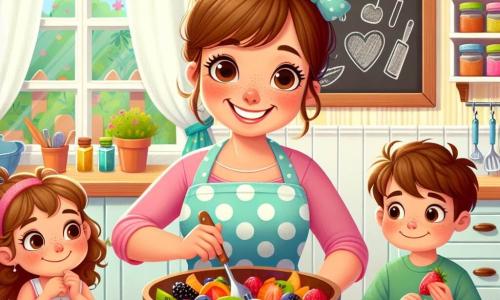 Chef Ana, o femeie veselă de aproximativ 30 de ani, cu părul brun prins în coc și un zâmbet strălucitor, poartă un șorț mare albastru cu buline albe. Ea amestecă fructe colorate într-un bol mare din lemn, cu ochii strălucind de fericire și emoție. Lângă ea, Maria, o fetiță de 8 ani cu părul blond creț și o rochie roz, ține o căpșună în mână și privește cu uimire amestecul de fructe. Alex, un băiat de 7 ani cu părul castaniu și un tricou verde, se apleacă peste masă, tăind cu grijă bucăți de kiwi cu un cuțit mic, concentrat pe sarcina sa. Scena are loc într-o bucătărie luminoasă și primitoare, cu pereți vopsiți în galben pastel, rafturi pline cu borcane colorate de condimente și feronerie strălucitoare agățate pe perete. Situația principală arată cum Chef Ana și copiii pregătesc o salată de fructe și un tort, toți zâmbind și implicați în activitatea lor, creând o atmosferă de bucurie și camaraderie.