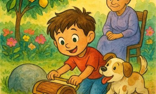 Un niño de 4 años, ojos grandes y curiosos, pelo castaño despeinado y sonrisa maravillada, tira suavemente de un pequeño cofre de madera brillante escondido bajo una piedra junto a un gran limonero. Un perro mediano de pelaje crema con manchas caramelo mueve la cola y empuja la piedra con las patas. Una mujer de unos 70 años, cabello gris recogido en moño y mirada dulce, está sentada en una silla junto a un parterre de flores observando con ternura. El jardín es luminoso, suelo húmedo, flores rosas, amarillas y violetas, una piedra lisa semienterrada y un limonero con hojas verdes y limones amarillos. La luz dorada que sale del cofre abierto revela rostros de alegría y complicidad; la atmósfera es cálida y segura.