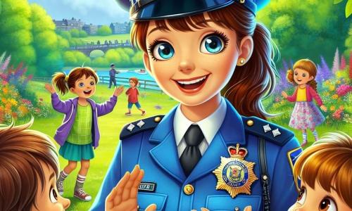 Eine lächelnde Polizistin in einer leuchtend blauen Uniform und mit einer Mütze steht im Mittelpunkt des Bildes, umgeben von Kindern. Sie hat braune Haare zu einem Pferdeschwanz gebunden und strahlende Augen. Begeistert erklärt sie ihren Beruf, gestikuliert mit einer Hand und hält in der anderen ein kleines Polizeibuch. Links von ihr hört ein etwa 8-jähriger Junge namens Max mit zerzausten blonden Haaren und einem roten T-Shirt aufmerksam zu, seine Augen weit aufgerissen vor Staunen. Rechts von ihr hebt ein 7-jähriges Mädchen mit braunen Zöpfen und einem Blumenkleid die Hand, um eine Frage zu stellen, und lächelt breit. Die Szene spielt in einem grünen Park mit majestätischen Bäumen, bunten Blumen und einem strahlend blauen Himmel. Im Hintergrund spielen Kinder, was eine fröhliche und lebendige Atmosphäre schafft. Die Hauptsituation zeigt die Polizistin, die fesselnde Geschichten über ihren Beruf mit den Kindern teilt, die gebannt und engagiert sind, und so einen magischen Moment des Lernens und der Kameradschaft schafft.