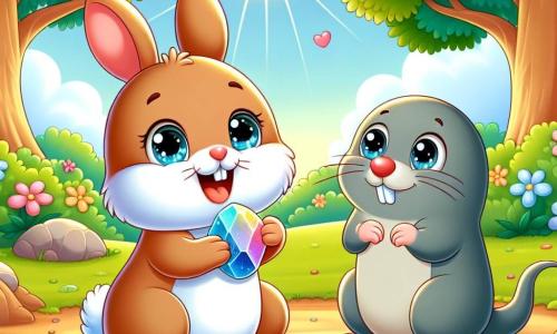 Ein kleiner Hase mit großen Ohren und weichem, braunem Fell, dessen Augen vor Freude strahlen, springt fröhlich auf einer sonnigen Lichtung und hält einen hübschen, bunten Stein in seinen Vorderpfoten. Neben ihm schaut ein grauer Maulwurf mit runden, neugierigen Augen und einem schüchternen Lächeln auf den Hasen und fühlt sich glücklich, an seiner Seite zu sein. Die Lichtung ist von majestätischen Bäumen mit leuchtend grünen Blättern umgeben, und bunte Blumen bedecken den Boden, was eine fröhliche und einladende Atmosphäre schafft. Im Mittelpunkt dieser Szene feiern der Hase und der Maulwurf ihre Freundschaft, indem sie den glänzenden Stein bewundern, den sie gemeinsam gefunden haben, was ihre wertvolle Verbindung und ihr gemeinsames Glück symbolisiert.