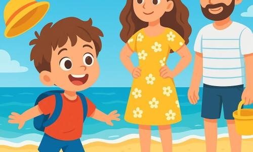 Un bambino di 4 anni, con i capelli castani disordinati e occhi pieni di curiosità, indossa un piccolo cappello giallo e uno zainetto blu. Si trova sulla spiaggia, con i piedi nella sabbia dorata, e un grande sorriso meravigliato sul viso. Accanto a lui, la mamma, una donna di circa 30 anni con capelli lunghi e ondulati, indossa un vestito leggero a fiori e guarda affettuosamente il figlio con le mani sui fianchi. Più in là, il papà, un uomo di circa 35 anni con una leggera barba e una maglietta a righe, tiene un secchiello e una paletta, pronto ad aiutare il figlio a costruire un castello di sabbia. La scena si svolge su una spiaggia soleggiata, con onde dolci che lambiscono la riva, conchiglie colorate sparse sulla sabbia e un cielo blu brillante punteggiato da alcune nuvole bianche e soffici. Il bambino guarda con eccitazione il suo cappello giallo volato via a causa del vento e che galleggia vicino all'acqua, mentre i genitori lo incoraggiano a stare attento e a chiedere aiuto per recuperarlo.