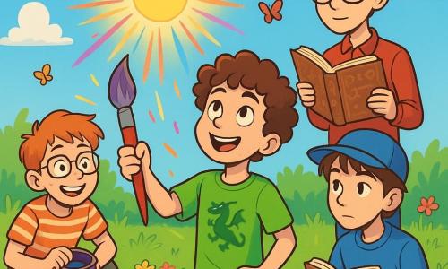 Ci sono 4 bambini: - Tommi: un ragazzo di 12 anni con capelli ricci e una maglietta verde brillante con un drago. Tiene un grande pennello e guarda il cielo con un sorriso furbo, in piedi al centro dell'immagine. - Riki: un ragazzo di 12 anni con lentiggini, che indossa una camicia a righe e occhiali leggermente storti. È accovacciato a sinistra, con un barattolo di vernice viola e un'espressione divertita. - Sami: un ragazzo di 12 anni, calmo e riflessivo, con capelli lisci e un cappellino blu. È a destra, tiene un taccuino e osserva attentamente il riflesso nell'acqua. - Leo: un ragazzo di 12 anni, alto e magro, con occhiali e un quaderno pieno di formule. È dietro Tommi, mentre legge un libro antico con simboli strani, concentrato. Il luogo è uno stagno tranquillo, circondato da erbe verdi e fiori colorati, con farfalle che volano. Il cielo è blu chiaro e il sole brilla, proiettando riflessi scintillanti sulla superficie dell'acqua, dove compaiono striature colorate. I bambini stanno realizzando un incantesimo per dipingere il sole con striature colorate, creando un'atmosfera gioiosa e magica.