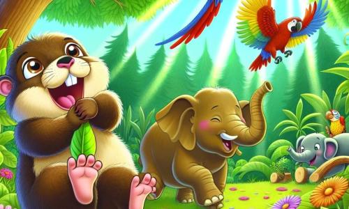 Una marmotta gioiosa di nome Mimi, con un morbido pelame marrone e occhi scintillanti di malizia, salta con entusiasmo in una radura soleggiata, circondata da fiori colorati. Accanto a lei, un elefante di nome Eli, grande e maestoso, con la proboscide arricciata, suona la tromba, le sue orecchie che battono a ritmo di musica. Non lontano, un pappagallo vibrante di colori, Pino, vola in cerchi, lasciando dietro di sé strisce di vernice brillante nell'aria. La scena si svolge in una giungla lussureggiante, dove gli alberi verdi si ergono alti e i raggi di sole filtrano attraverso il fogliame, illuminando il terreno coperto di foglie. Mimi, in piena festa, ride a crepapelle mentre cerca di saltare sopra una banana scivolosa, creando un'atmosfera di gioia e amicizia.
