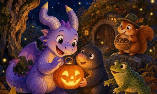 Lumo, un pequeño dragón de escamas lavanda y cuernos en espiral, sostiene con delicadeza una linterna-calabaza sonriente mientras protege la llama; Tomi, un topo redondo y peludo de hocico rosa, la agarra junto a él, asombrado y reconfortado; Miga, una ardilla rojiza con sombrero de fieltro, sonríe detrás con un cesto de semillas sobre una piedra baja; Bombo, un sapo verde verrugoso, salta curioso junto al grupo; todo en un claro forestal bajo un cielo estrellado, suelo cubierto de hojas doradas y naranjas, una encina formando un arco, luciérnagas y una casa-madriguera al fondo; la escena muestra a la tropa ayudando a Tomi a vencer su miedo a la noche compartiendo el calor de la linterna, con sombras danzantes, colores otoñales saturados y texturas de gouache visibles.