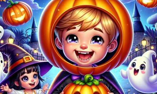 Un bambino di 4 anni, di nome Leo, è al centro dell'immagine, indossando un brillante costume di zucca arancione. Il suo viso è illuminato da un grande sorriso, con occhi scintillanti di gioia ed eccitazione. Sta ridendo, circondato dai suoi nuovi amici. Alla sua destra, un fantasma amichevole di nome Gigi fluttua nell'aria, con un volto sorridente e occhi rotondi, circondato da una leggera luce blu. A sinistra, una piccola strega di nome Stella, di circa 6 anni, indossa un cappello a punta nero e un vestito viola, tenendo una bottiglia di pozione magica e ridendo mentre guarda Leo. Sullo sfondo, un magnifico giardino di Halloween è visibile, pieno di zucche luminose, ragnatele scintillanti e alberi con foglie dorate. La luna brilla nel cielo stellato, creando un'atmosfera incantata. La scena principale mostra Leo, Gigi e Stella che si divertono insieme, ridendo e giocando in questo giardino magico, illustrando la magia e la gioia della notte di Halloween.
