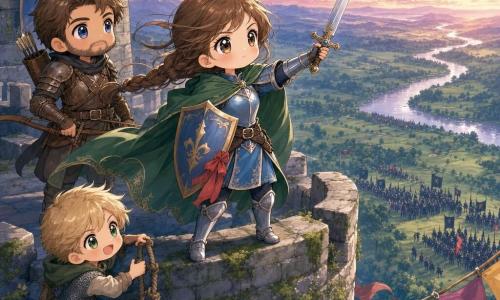 A young female knight (about 16) with a round face, large bright eyes, determined expression, brown braided hair, wearing light blue armor with silver trim and a green cape, holds a small sparkling sword in her right hand and a shield with a red ribbon in her left, standing on mossy grey castle battlements; to her left an affable companion knight (about 25) with a short beard and worn brown armor stands alert with a bow looking toward the valley; a lively young squire Tilla (about 12) with short blond hair and a simple dress under chainmail climbs a rope with tools at the knight’s feet, smiling but focused; beyond colorful pennants in the foreground lies a green valley with a silver river and distant dark army silhouettes under a pink-purple twilight sky—the young knight faces the valley in a heroic stance, cape billowing, ready to protect the Beacon Stone, the scene charged with courage, tension, and hopeful adventure.