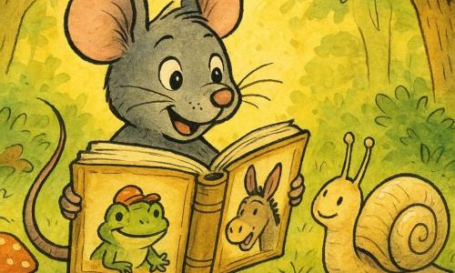 Eine kurze Zusammenfassung: Ein kleiner grauer Rino‑Ratte mit großen runden Ohren und feinen Schnurrhaaren lächelt erstaunt, hält ein aufgeschlagenes altes Buch zwischen den Pfoten und stolpert leicht, dabei fällt ein Keksbrösel; rechts von ihm Lilli, die kleine Schnecke mit perlmuttfarbenem Gehäuse, langsam und gütig, mit Fühlern auf der Buchkante, fast lächelnd; auf der Buchseite eine Zeichnung von einem Frosch mit kleiner Kappe und einem Grimassenziehenden Esel, stilisiert mit einfachen Linien und leuchtenden Farben; Schauplatz eine von goldenem Licht durchflutete Waldlichtung mit grünem Gras, ausgeschnittenen Blättern, roten Pilzen und Sonnenstrahlen zwischen den Zweigen; spielerische, warme Stimmung, farbige Tusche mit schwarzen Konturen, Pastellpalette akzentuiert durch kräftiges Gelb und Grün; Szene zeigt den Moment, in dem Rino das magische Buch entdeckt und lächelt, als ein leises Lachen aus den Seiten zu kommen scheint — zentrale Komposition mit Fokus auf Ratte, Schnecke und offenem Buch.