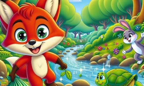 Rocco, una piccola volpe dai brillanti peli rossi e dagli occhi pieni di curiosità, sta raccogliendo rifiuti vicino a un ruscello scintillante. Ha un grande sorriso sul volto, mostrando la sua determinazione a proteggere la natura. Accanto a lui, Carla la tartaruga, con il suo guscio verde e i suoi occhi dolci, guarda Rocco con ammirazione, un leggero sorriso sulle labbra. Leo il coniglio, con le sue grandi orecchie bianche e il pelo setoso, salta gioiosamente attorno a loro, esprimendo il suo entusiasmo con salti felici. Il luogo è una foresta incantata, piena di alberi maestosi con foglie verdi vivaci, fiori colorati che danzano al vento e un ruscello cristallino che serpeggia tra le rocce. La scena principale mostra Rocco e i suoi amici in azione, uniti per pulire la foresta, circondati da rifiuti colorati che cercano di raccogliere, ridendo e incoraggiandosi a vicenda.