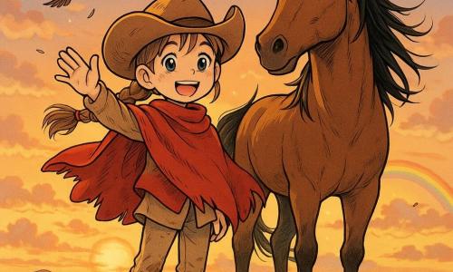 Rosa, giovane cow‑girl fiera e sorridente sulla vetta con largo cappello da cowboy, poncho rosso, stivali di cuoio impolverati, una mano alzata in saluto e treccia al vento; Pepe, grande cavallo bruno con criniera nera e nari fumanti, accanto a lei con sguardo dolce e energico e zoccoli sui massi; un'aquila ferita vola verso il cielo con un'ala bendata ma libera e poche piume luccicanti; cima rocciosa con grandi massi rossi, nuvole basse, arcobaleno all'orizzonte, prati e minuscolo villaggio sottostante; scena principale: cow‑girl e cavallo sulla cima al tramonto, vento forte che fa volare i tessuti, lei grida un saluto alla montagna in una luce calda e dorata.
