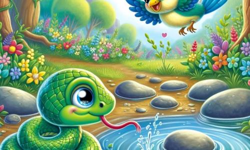 Un piccolo serpente verde, chiamato Serpino, con squame brillanti e occhi pieni di curiosità, striscia dolcemente su pietre lisce vicino a una grande pozzanghera. Sembra determinato e felice, pronto ad affrontare una sfida. Accanto a lui, un piccolo uccellino blu, Uccellina, con piume splendenti e un sorriso incoraggiante, vola sopra la pozzanghera, pronta ad aiutare il suo amico. Sullo sfondo, fiori colorati e alberi maestosi circondano la scena, creando un'atmosfera magica. Serpino, con coraggio, si prepara a attraversare la pozzanghera, mentre Uccellina lo incoraggia con battiti d'ali gioiosi.