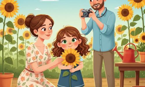 An 8-year-old girl with shoulder-length curly chestnut hair, sparkling green eyes, a round freckled face, smiling but thoughtful, holds a large yellow sunflower to her chest while her kneeling mother in a floral dress gently touches a petal and looks at her tenderly as the standing father in a light blue shirt and short beard smiles and takes a photo with a vintage camera in a sunny garden of tall sunflowers, terracotta pots, a red watering can on a wooden table, and a blue sky with a few clouds during a warm, tender family picnic.