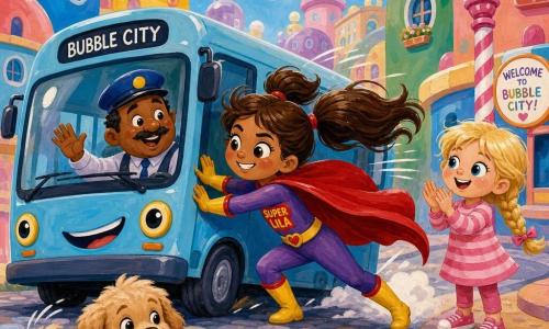 A child-woman, Super Lila, smiling and determined with bright eyes and rosy cheeks, wearing a shiny red cape and yellow boots, heroically pushes a small light-blue bus, her brown hair in two fluttering pigtails; the bus driver, about 40 with a round face and thin mustache, stands at the left door raising a hand in thanks; Mia, about 5, in a pink-striped dress with braided blonde hair, stands to Super Lila’s right on the sidewalk, smiling and clapping; a small fluffy light-brown puppy wags its tail holding a red ball in the foreground; scene in Bubble City on a colorful cobbled street with pastel round buildings, lollipop streetlamps and soft clouds—a bright, comic moment with dynamic lines, bursts of color, smiles and applause as Super Lila helps the stuck bus.