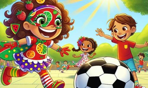 Lúcia, uma super-heroína alegre, usa um traje colorido cheio de padrões de frutas e bolinhas, com cabelos cacheados e um grande sorriso no rosto. Ela corre entusiasmada, com os braços levantados, tentando pegar uma enorme bola de futebol que rola rapidamente. Miguel, um menino de cerca de 8 anos, tem cabelos castanhos e veste uma camiseta vermelha. Ele ri enquanto aponta para a bola gigante que se afasta, de pé ao lado, com os braços cruzados. Ana, uma menina de 7 anos com tranças e um vestido florido, está perto de Lúcia, com os olhos arregalados de admiração, pronta para ajudar. A cena acontece em uma grande praça ensolarada, cercada por árvores verdes e bancos de madeira, com crianças brincando e adultos rindo ao redor. No centro, a bola gigante, brilhante e colorida, rola alegremente, criando uma atmosfera de festa e diversão. Lúcia, com seu traje divertido, tenta alcançar a bola gigante que escapa, criando uma situação cômica e cheia de vida, onde a amizade e o riso estão no coração da aventura.
