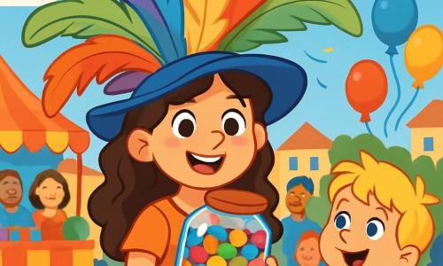 An 8-year-old girl, Lila, with big brown curls and sparkling joyful eyes, stands at the center of the scene, wearing a huge hat made of colorful feathers that tilts slightly to the side. She proudly smiles, her cheeks flushed with excitement, while holding a jar filled with multicolored jellybeans in her arms. Next to her, her 5-year-old little brother Max, with messy blonde hair and a look of wonder, enthusiastically claps, his eyes wide in awe of his sister's extravagant hat. In the background, the vibrant village square is filled with colorful stalls, floating balloons, and smiling spectators, all captivated by the challenge. The scene shows Lila, radiating happiness, ready to receive her prize, while a gentle breeze makes the feathers of her hat dance, creating a festive and joyful atmosphere.